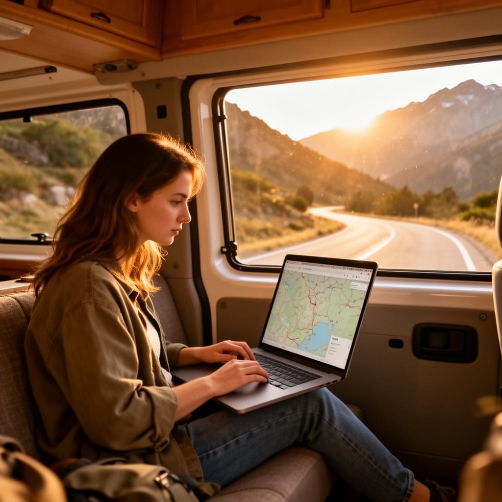 Traveler planning a route on a laptop inside a camper van on a mountain road