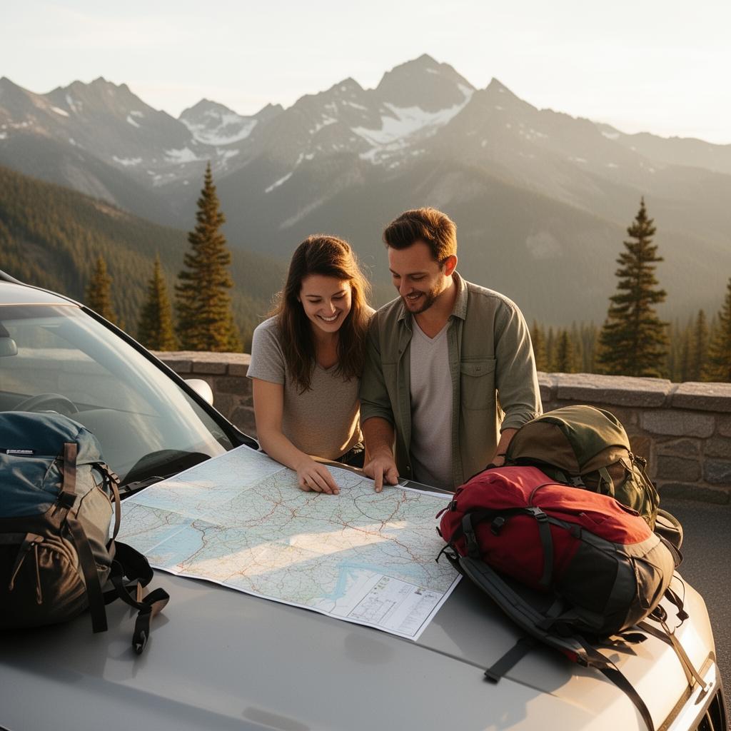 Couple studying a road map on the hood of their car in the mountains